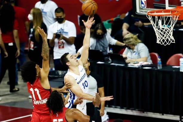 Justinian Jessup of the Golden State Warriors shoots the ball against the Toronto Raptors during the 2021 Las Vegas Summer League on August 11, 2021...