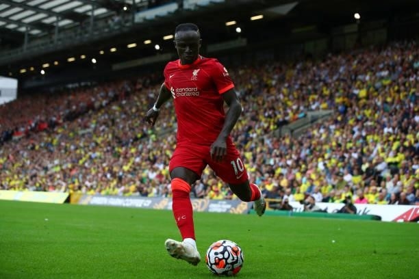 Sadio Mane of Liverpool during the Premier League match between Norwich City and Liverpool at Carrow Road on August 14, 2021 in Norwich, England.