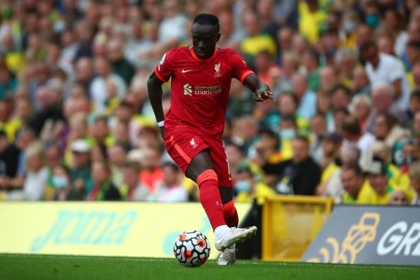 Sadio Mane of Liverpool during the Premier League match between Norwich City and Liverpool at Carrow Road on August 14, 2021 in Norwich, England.