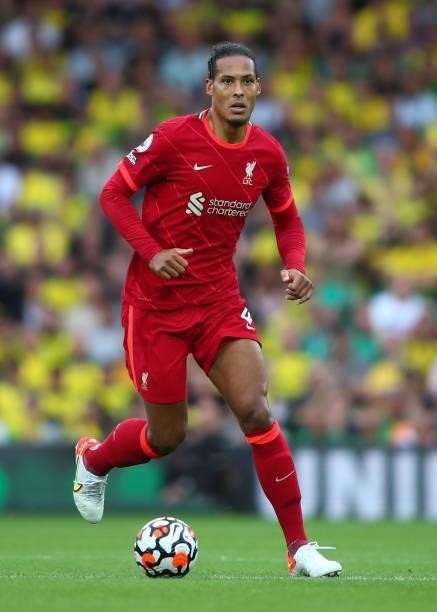 Virgil van Dijk of Liverpool during the Premier League match between Norwich City and Liverpool at Carrow Road on August 14, 2021 in Norwich, England.