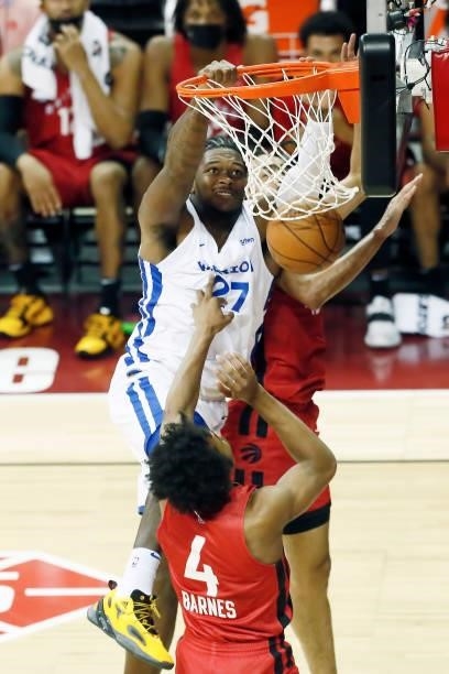 Cameron Oliver of the Golden State Warriors dunks the ball against the Toronto Raptors during the 2021 Las Vegas Summer League on August 11, 2021 at...