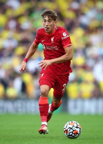 Kostas Tsimikas of Liverpool during the Premier League match between Norwich City and Liverpool at Carrow Road on August 14, 2021 in Norwich, England.