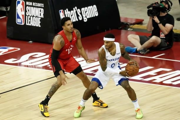 Gary Payton II of the Golden State Warriors handles the ball against the Toronto Raptors during the 2021 Las Vegas Summer League on August 11, 2021...