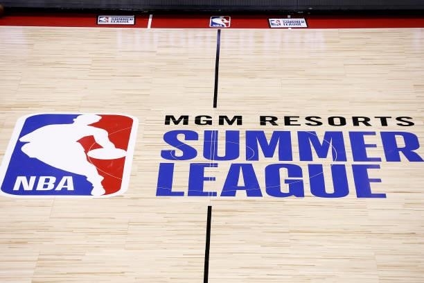An overview shot of the court before the game between the Toronto Raptors and the Golden State Warriors during the 2021 Las Vegas Summer League on...