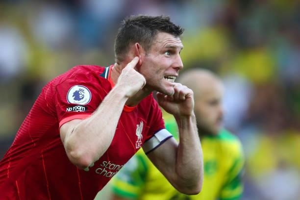 James Milner of Liverpool reacts during the Premier League match between Norwich City and Liverpool at Carrow Road on August 14, 2021 in Norwich,...