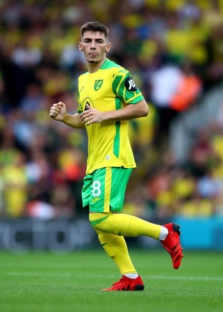 Billy Gilmour of Norwich City during the Premier League match between Norwich City and Liverpool at Carrow Road on August 14, 2021 in Norwich,...
