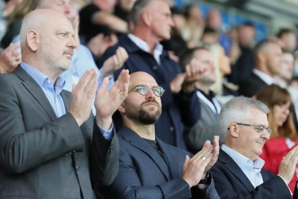Swansea CEO Julian Winter with one of the owners of Swansea City Jake Silverstein applaud during the Sky Bet Championship match between Swansea City...