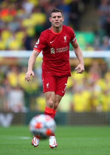 James Milner of Liverpool during the Premier League match between Norwich City and Liverpool at Carrow Road on August 14, 2021 in Norwich, England.