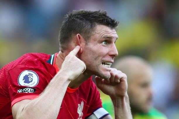 James Milner of Liverpool reacts during the Premier League match between Norwich City and Liverpool at Carrow Road on August 14, 2021 in Norwich,...