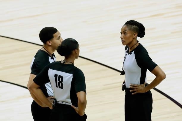 Referee, Angelica Suffren looks on during the game between the Toronto Raptors and the Golden State Warriors during the 2021 Las Vegas Summer League...