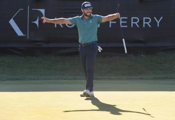 Stephan Jaeger celebrates his birdie putt on the 18th green during the third round of the Korn Ferry Tours Pinnacle Bank Championship presented by...