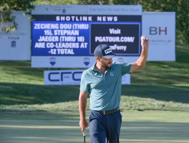 Stephan Jaeger acknowledges the gallery after making a birdie putt on the 18th green during the third round of the Korn Ferry Tours Pinnacle Bank...