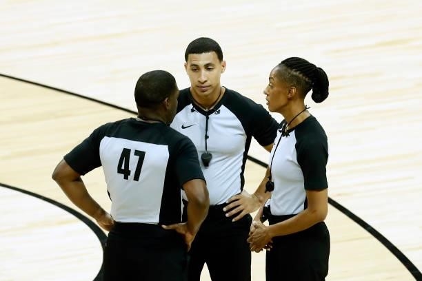 Referees, Angelica Suffren and Julian Scott look on during the game between the Toronto Raptors and the Golden State Warriors during the 2021 Las...