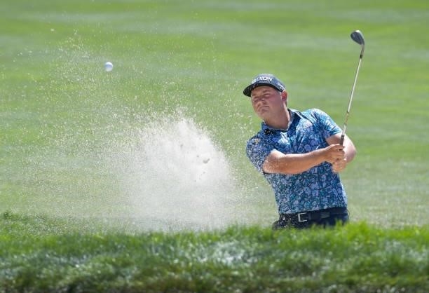 Andrew Novak plays a bunker shot on the second hole during the third round of the Korn Ferry Tours Pinnacle Bank Championship presented by Aetna at...