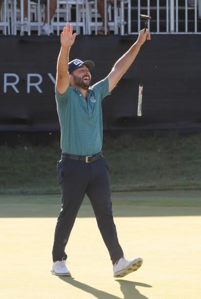 Stephan Jaeger celebrates his birdie putt on the 18th green during the third round of the Korn Ferry Tours Pinnacle Bank Championship presented by...