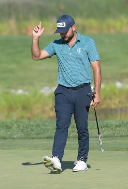 Stephan Jaeger acknowledges the gallery after making a birdie putt on the 15th green during the third round of the Korn Ferry Tours Pinnacle Bank...