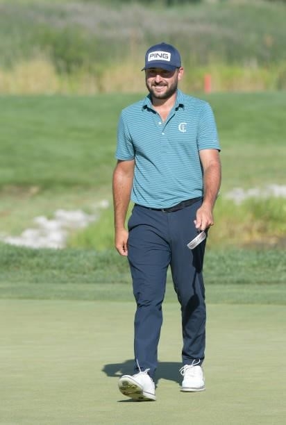 Stephan Jaeger acknowledges the gallery after making a birdie putt on the 15th green during the third round of the Korn Ferry Tours Pinnacle Bank...
