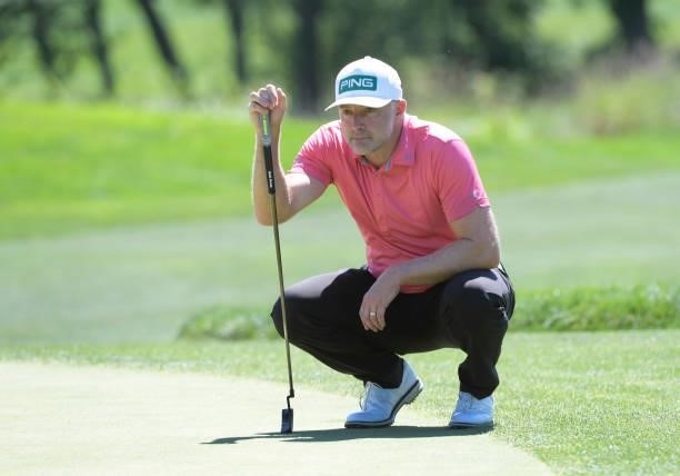 David Skinns studies his putt on the second hole during the third round of the Korn Ferry Tours Pinnacle Bank Championship presented by Aetna at The...