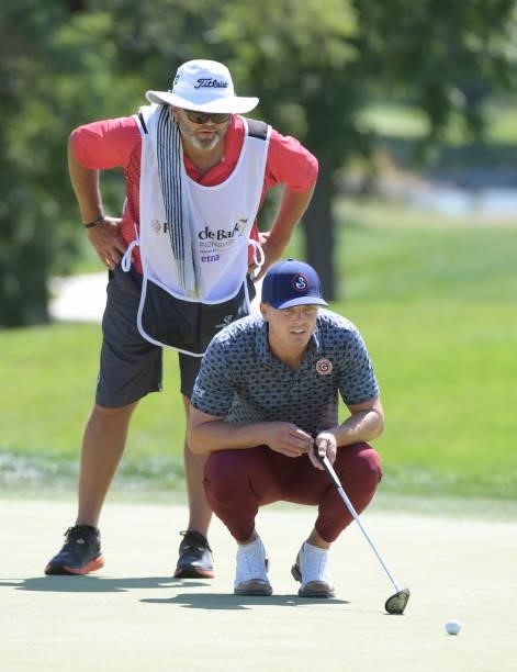 Blayne Barber studies his putt on the second hole during the third round of the Korn Ferry Tours Pinnacle Bank Championship presented by Aetna at The...