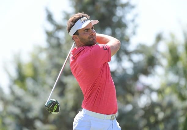 Curtis Thompson plays a tee shot on the third hole during the third round of the Korn Ferry Tours Pinnacle Bank Championship presented by Aetna at...