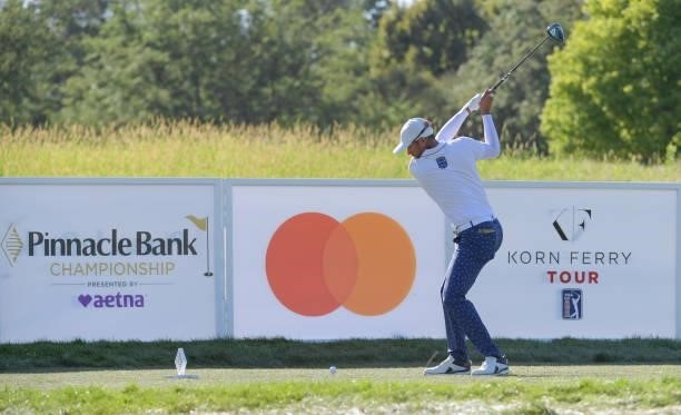 Ben Silverman plays a tee shot on the 14th hole during the third round of the Korn Ferry Tours Pinnacle Bank Championship presented by Aetna at The...