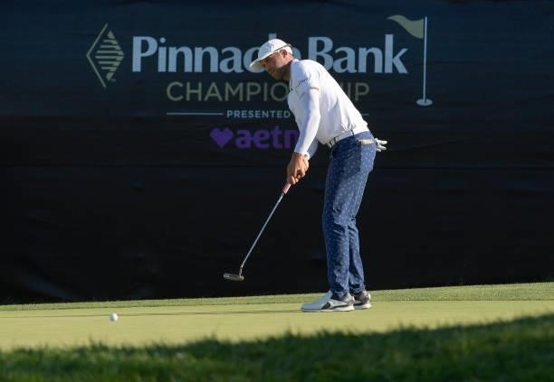 Ben Silverman hits a putt on the 18th green during the third round of the Korn Ferry Tours Pinnacle Bank Championship presented by Aetna at The Club...