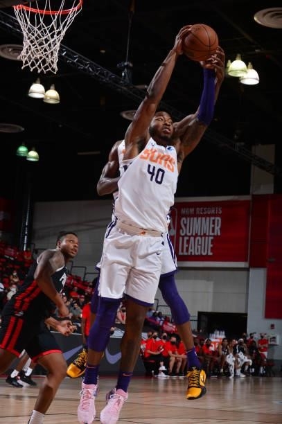 Tyrique Jones of the Phoenix Suns grabs the rebound against the Portland Trail Blazers during the 2021 Las Vegas Summer League on August 14, 2021 at...