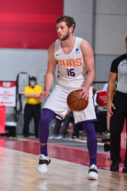 Jon Axel Gudmundsson of the Phoenix Suns handles the ball against the Portland Trail Blazers during the 2021 Las Vegas Summer League on August 14,...