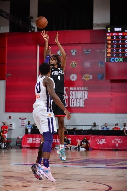 Greg Brown III of the Portland Trail Blazers shoots the ball against the Phoenix Suns during the 2021 Las Vegas Summer League on August 14, 2021 at...