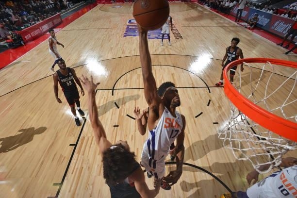 Kyle Alexander of the Phoenix Suns dunks the ball against the Portland Trail Blazers during the 2021 Las Vegas Summer League on August 14, 2021 at...