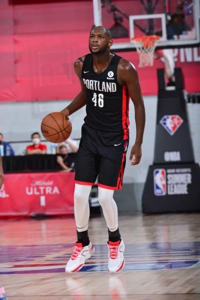 Milton Doyle of the Portland Trail Blazers handles the ball against the Phoenix Suns during the 2021 Las Vegas Summer League on August 14, 2021 at...