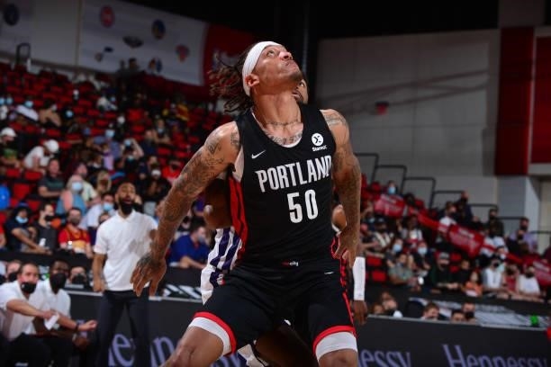 Michael Beasley of the Portland Trail Blazers looks on during the game against the Phoenix Suns during the 2021 Las Vegas Summer League on August 14,...