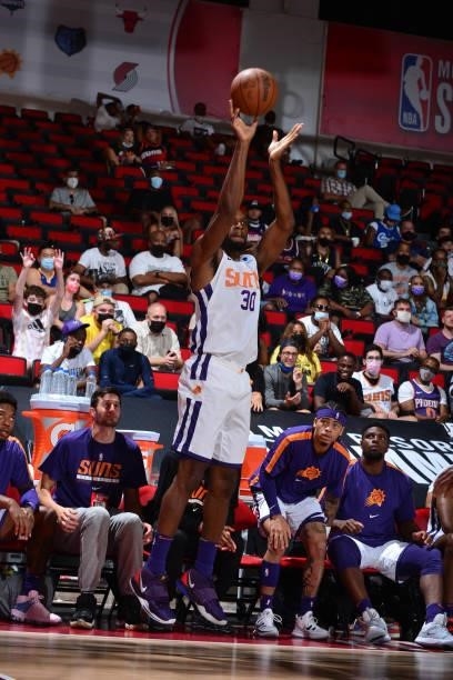 Vitto Brown of the Phoenix Suns shoots a 3-pointer against the Portland Trail Blazers during the 2021 Las Vegas Summer League on August 14, 2021 at...