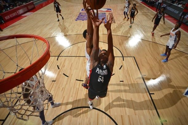 Mark Vital of the Portland Trail Blazers reaches for the ball against the Phoenix Suns during the 2021 Las Vegas Summer League on August 14, 2021 at...