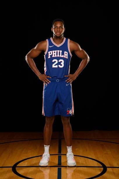 Charles Bassey of the Philadelphia 76ers poses for a portrait during the 2021 NBA Rookie Photo Shoot on August 14, 2021 at the University of Nevada,...