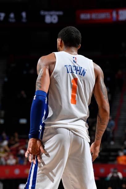 Obi Toppin of the New York Knicks looks on during the game against the Cleveland Cavaliers during the 2021 Las Vegas Summer League on August 14, 2021...