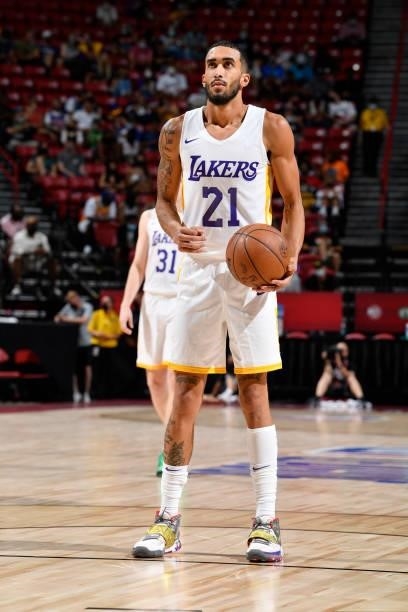 Trevelin Queen of the Los Angeles Lakers looks to shoot a free throw against the Detroit Pistons during the 2021 Las Vegas Summer League on August...