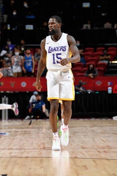 Chaundee Brown Jr. #15 of the Los Angeles Lakers looks on during the game against the Detroit Pistons during the 2021 Las Vegas Summer League on...