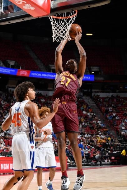 Mfiondu Kabengele of the Cleveland Cavaliers drives to the basket against the New York Knicks during the 2021 Las Vegas Summer League on August 14,...
