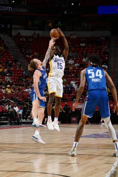 Chaundee Brown Jr. #15 of the Los Angeles Lakers shoots the ball against the Detroit Pistons during the 2021 Las Vegas Summer League on August 14,...