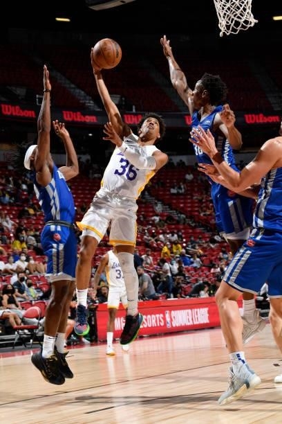 Jordan Floyd of the Los Angeles Lakers shoots the ball against the Detroit Pistons during the 2021 Las Vegas Summer League on August 14, 2021 at the...