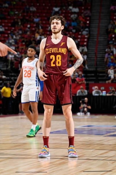 Sehmus Hazer of the Cleveland Cavaliers looks on during the game against the New York Knicks during the 2021 Las Vegas Summer League on August 14,...