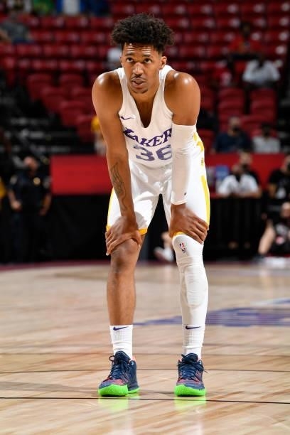 Jordan Floyd of the Los Angeles Lakers looks on during the game against the Detroit Pistons during the 2021 Las Vegas Summer League on August 14,...
