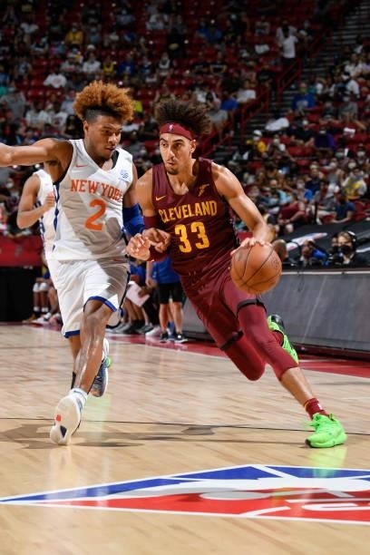 Brodric Thomas of the Cleveland Cavaliers drives to the basket against the New York Knicks during the 2021 Las Vegas Summer League on August 14, 2021...