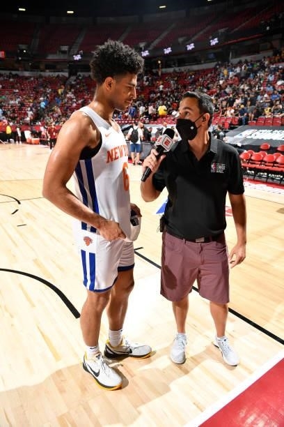 Quentin Grimes of the New York Knicks is interviewed during the game against the Cleveland Cavaliers during the 2021 Las Vegas Summer League on...
