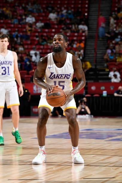 Chaundee Brown Jr. #15 of the Los Angeles Lakers shoots a free throw against the Detroit Pistons during the 2021 Las Vegas Summer League on August...