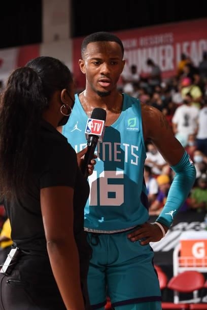 Scottie Lewis of Charlotte Hornets talks to the media during the 2021 Las Vegas Summer League on August 14, 2021 at the Cox Pavilion in Las Vegas,...