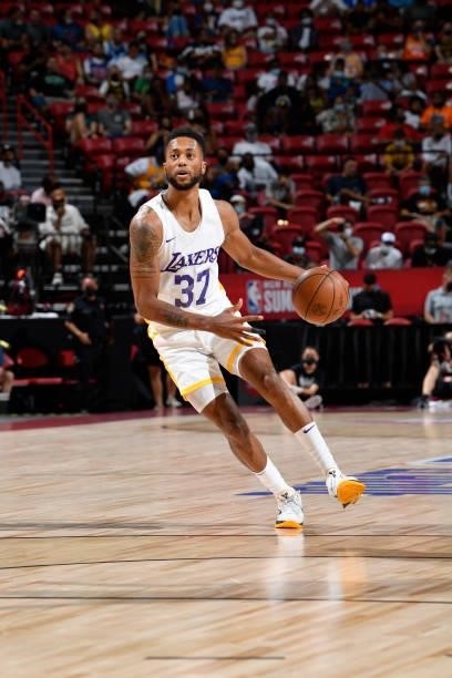 Alan Griffin of the Los Angeles Lakers handles the ball during the game against the Detroit Pistons during the 2021 Las Vegas Summer League on August...