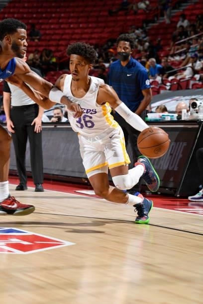Jordan Floyd of the Los Angeles Lakers dribbles the ball against the Detroit Pistons during the 2021 Las Vegas Summer League on August 14, 2021 at...