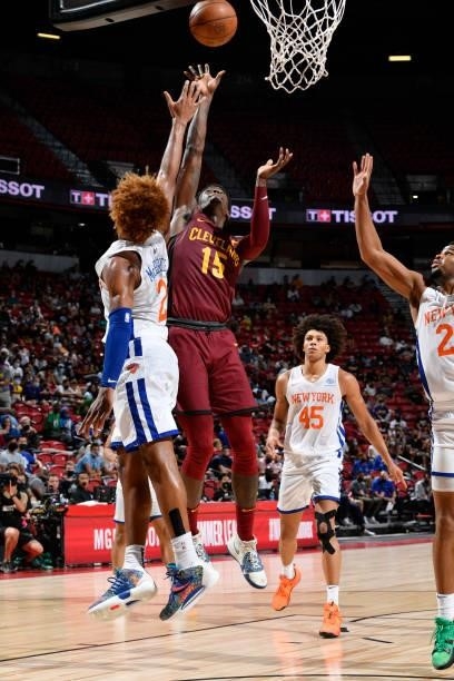 Tre Scott of the Cleveland Cavaliers shoots the ball against the New York Knicks during the 2021 Las Vegas Summer League on August 14, 2021 at the...